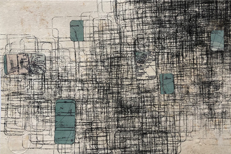 2020 - Zona Cero I, Tinta y collage sobre amate, 18 x 28 cm, $15,000.00