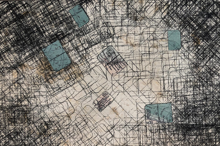 2020 - Zona cero III, Tinta y collage sobre amate, 18 x 28 cm
